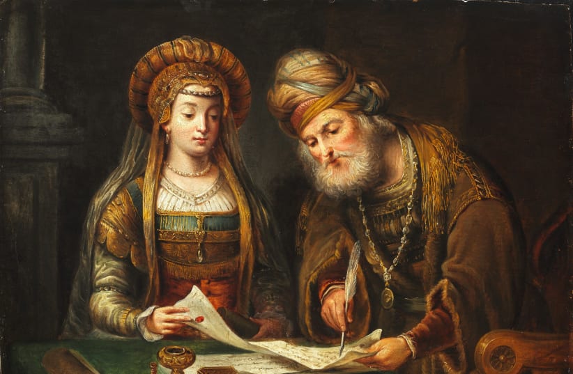 ‘Esther and Mordecai’ by Aert de Gelder, a student of Rembrandt, which  is now in the Museum of Fine Arts in Budapest. (photo credit: Wikimedia Commons)