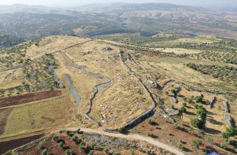 An aerial view of the biblical site of Joshua's altar on Mount Ebal. (photo credit: SHUKI LEVINE)