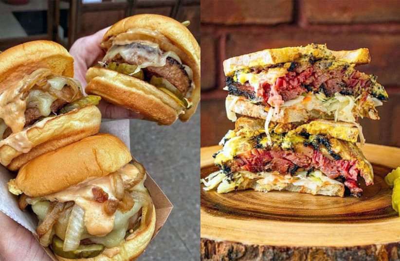 Left: Beyond Burgers from Diller; right: a sandwich from Izzy’s BBQ. (photo credit: DANI KLEIN)