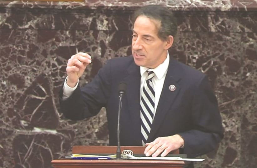 US HOUSE LEAD impeachment manager Rep. Jamie Raskin (D-MD) speaks during the impeachment trial of former US president Donald Trump last week. (photo credit: US SENATE TV/HANDOUT VIA REUTERS)