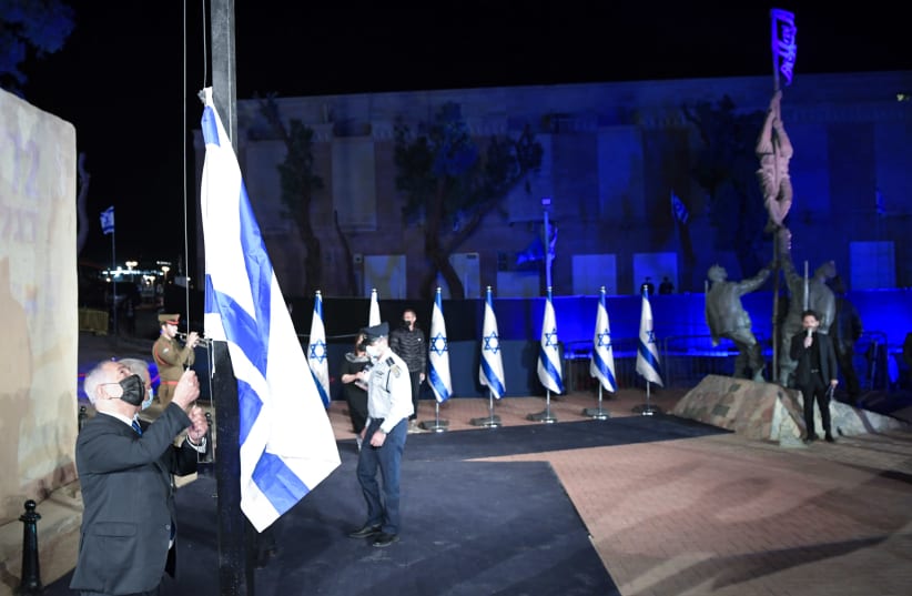 Prime Minister Benjamin Netanyahu at the annual commemoration marking 72 years to the liberation of the city of Eilat and the raising of the ink-flag, February 21, 2021.  (photo credit: KOBI GIDEON/GPO)