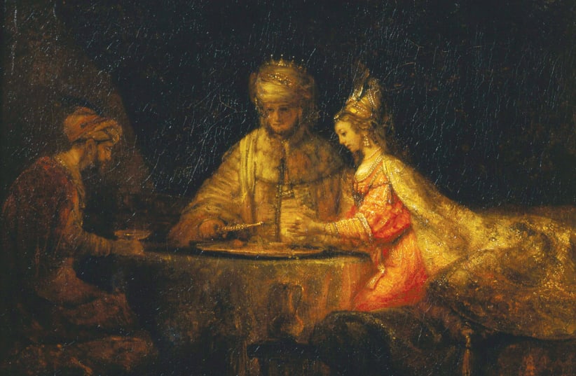 'Ahasuerus and Haman at the Feast of Esther' by Rembrandt, 1660, at Moscow's Pushkin Museum (photo credit: Wikimedia Commons)