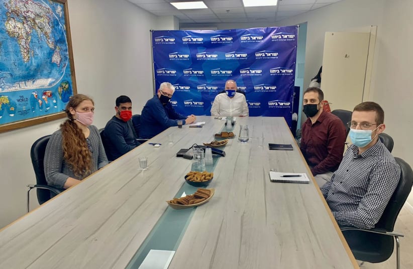 Representatives from Israel's major LGBTQ+ organizations meet with Yisrael Beytenu leader Avigdor Liberman, Thursday, February 25, 2021. (photo credit: YISRAEL BEYTENU SPOKESPERSON)