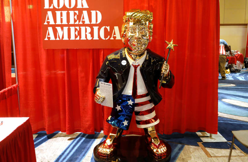 A statue of former US President Donald Trump is pictured at the Conservative Political Action Conference (CPAC) in Orlando, Florida, US February 26, 2021.  (photo credit: REUTERS/OCTAVIO JONES)