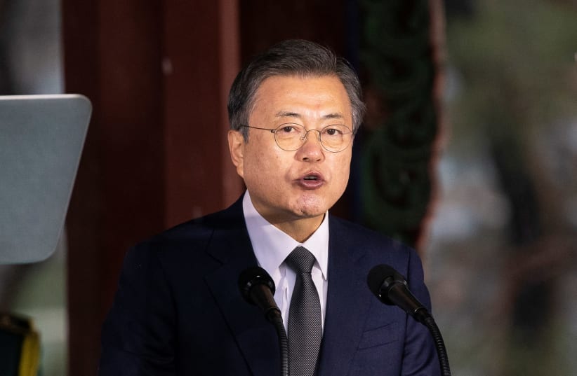 South Korean President Moon Jae-in, speaks during a ceremony of the 102nd anniversary of the March 1st Independence Movement Day in Seoul, South Korea, March 1, 2021. (photo credit: POOL VIA REUTERS)