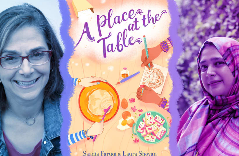 Laura Shovan, left, the cover of "A Place at the Table," and Saadia Faruqi (photo credit: QZB PHOTOGRAPHY/CLARION BOOKS/LAURA JOY BURKE)