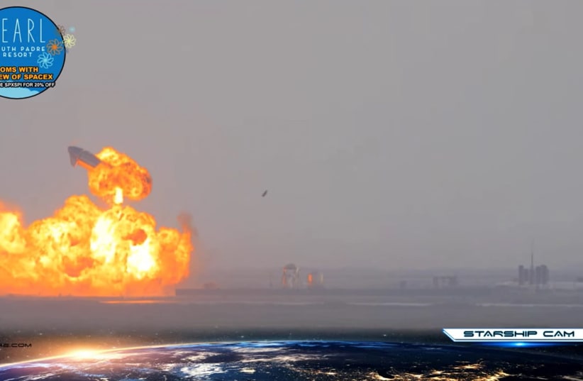 SpaceX Starship SN10 explodes after liftoff at South Padre Island, Texas (photo credit: SPADRE/PEARL SOUTH PADRE RESORT VIA YOUTUBE/VIA REUTERS)