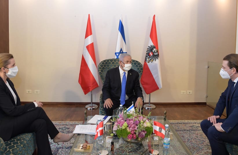 Prime Minister Benjamin Netanyahu meeting with Austrian Chancellor Sebastian Kurz and Danish Prime Minister Mette Frederiksen at the King David Hotel in Jerusalem.  (photo credit: AMOS BEN GERSHOM, GPO)
