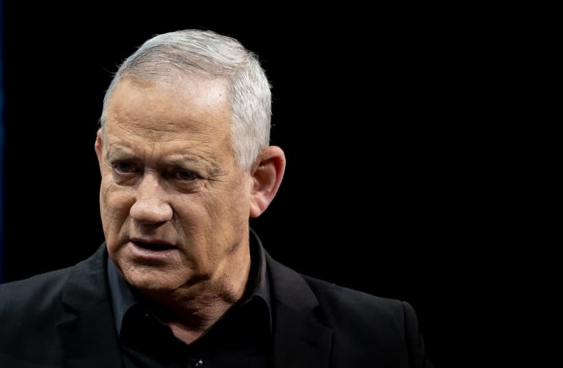 Alternate Prime Minister and Minister of Defense Benny Gantz attends a conference of the Israeli Television News Company in Jerusalem on March 7, 2021.  (photo credit: YONATAN SINDEL/FLASH 90)