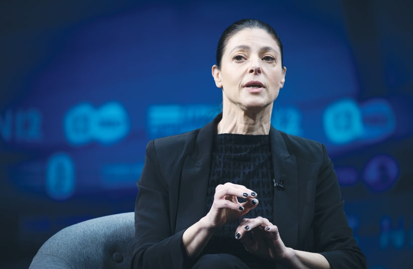 Labor Party leader Merav Michaeli, the only female current Knesset party leader running in the upcoming elections, speaks at a conference of the Israeli Television News Company in Jerusalem, on Sunday.  (photo credit: YONATAN SINDEL/FLASH 90)