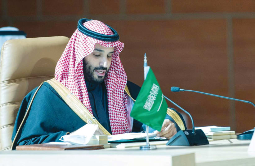 SAUDI ARABIAN Crown Prince Mohammed bin Salman speaks during the Gulf Cooperation Council’s 41st Summit in Al-Ula, Saudi Arabia, in January.  (photo credit: BANDAR ALGALOUD/REUTERS)