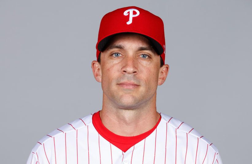 Sam Fuld poses in a Philadelphia Phillies uniform in 2019.  (photo credit: MIKE CARLSON/MLB VIA GETTY IMAGES)