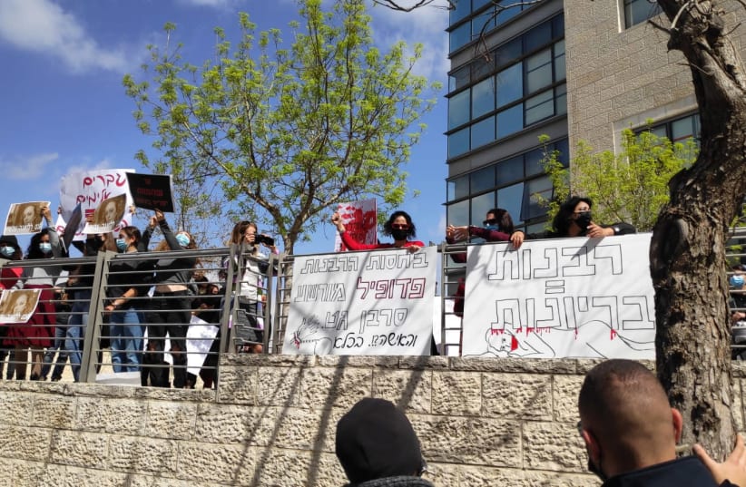 MAVOI SATUM, together with several organizations, demands solutions the Jerusalem Rabbinical Court on International Women's Day (photo credit: COURTESY MAVOI SATUM)