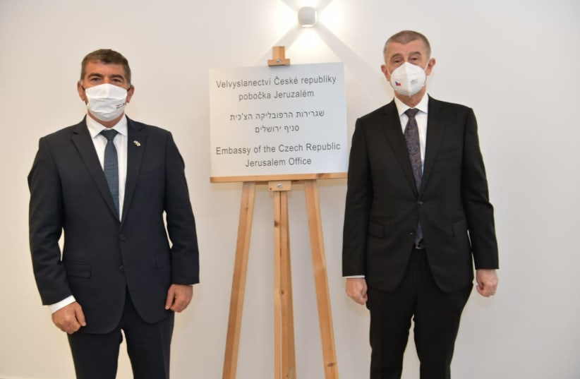 Czech Prime Minister Andrej Babiš is seen with Foreign Minister Gabi Ashkenazi at the opening of the Czech Embassy to Israel's new Jerusalem office. (photo credit: FOREIGN MINISTRY)