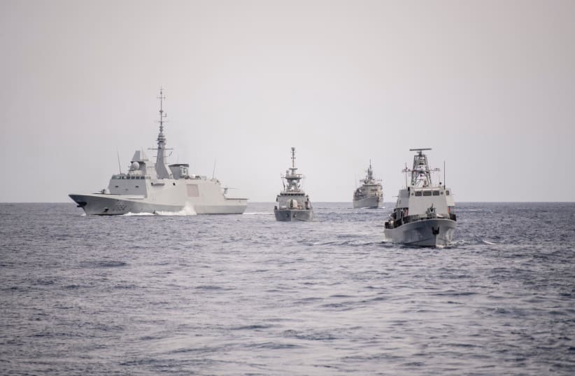 Naval vessels participating in the Noble Dina military drill between Israel, France, Cyprus and Greece, March 12, 2021.  (photo credit: IDF SPOKESPERSON'S UNIT)