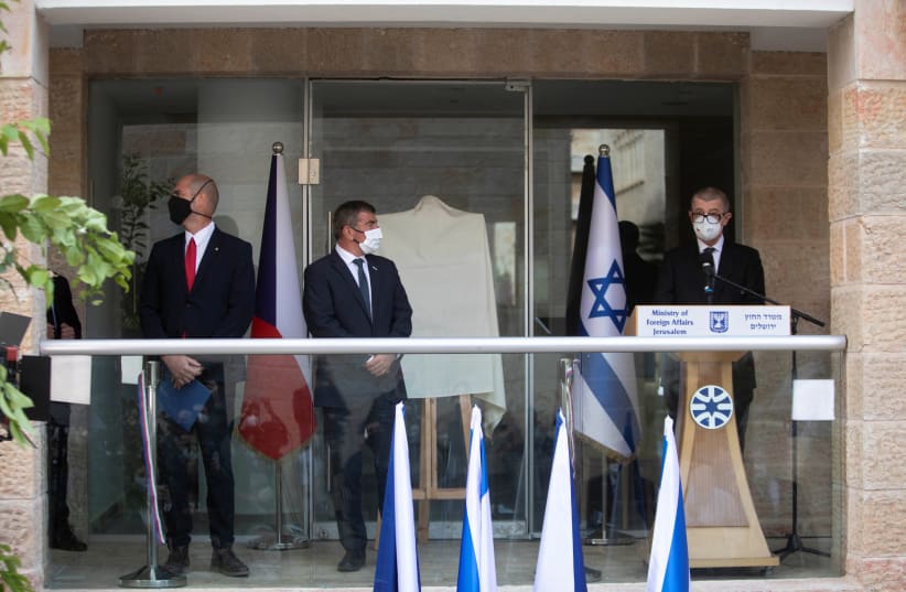 Czech Prime Minister Andrej Babis, Israeli Foreign Minister Gabi Ashkenazi and Israeli Public Security Minister Amir Ohana attend an inauguration ceremony of a Czech diplomatic representation in Jerusalem March 11, 2021. (photo credit: REUTERS)