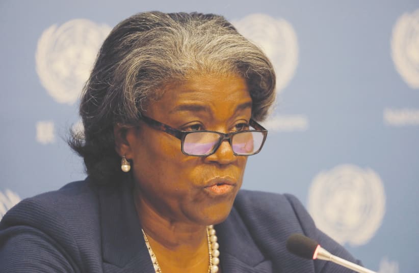 US AMBASSADOR to the United Nations Linda Thomas-Greenfield holds a news conference at UN headquarters in New York last week. (photo credit: MIKE SEGAR / REUTERS)