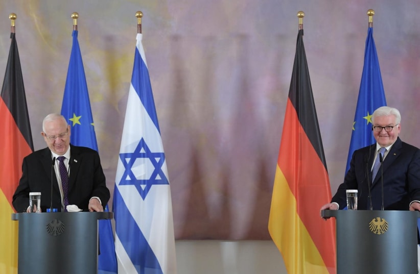 Israeli President Reuven Rivlin meets with German President Frank-Walter Steinmeier, Berlin, Germany, March 16, 2021 (photo credit: AMOS BEN-GERSHOM/GPO)
