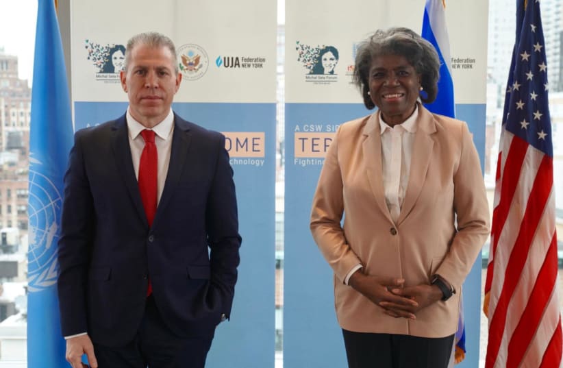 Israel’s Ambassador to the United States and United Nations Gilad Erdan and US Ambassador to the UN, Linda Thomas-Greenfield (photo credit: ISRAEL AT THE UN)