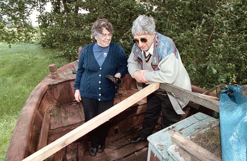 ABRAHAM STEINBOCK and his wife, Molly, visit the boat that in 1943 took him to safety, at a fishing museum in Jutland, Denmark, in 2000 (photo credit: AVIVA STEINBOCK)