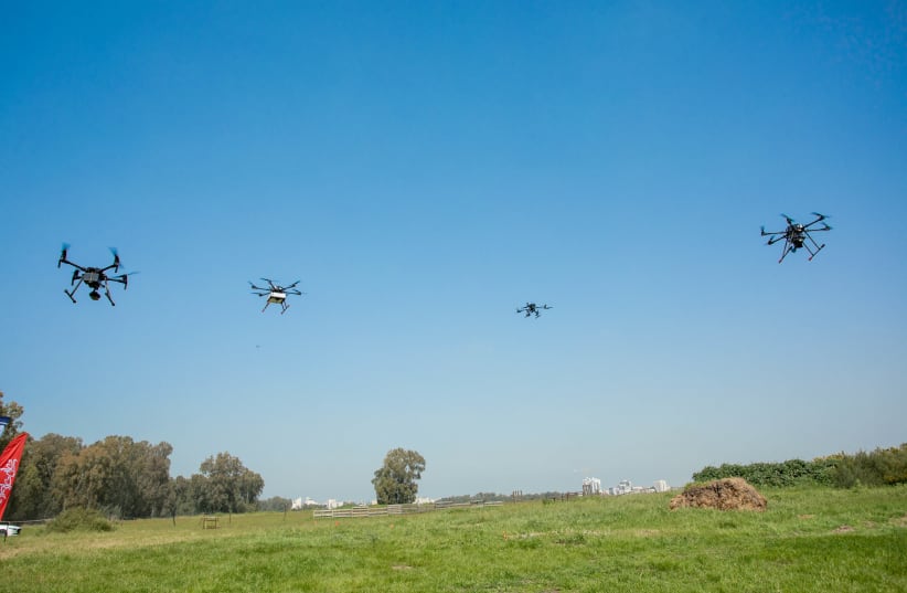 Drones fly above Hadera in a test of Israel's drone delivery network project (photo credit: Courtesy)