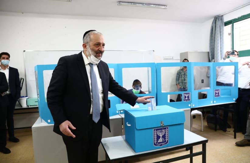 Head of Shas and Interior Minister, Arye Deri voted at a polling station close to his house on Kablan Street in Jerusalem. (photo credit: YAAKOV COHEN)
