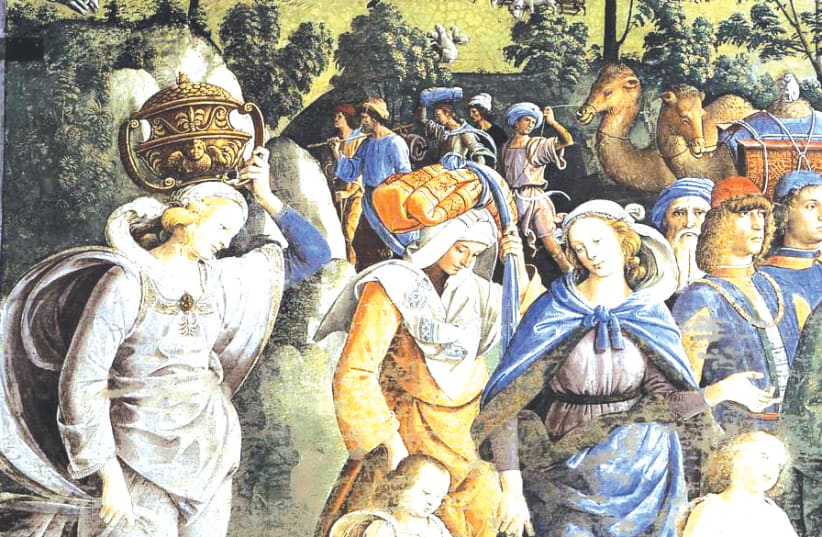 DETAIL FROM ‘Moses Leaving to Egypt’ by Pietro Perugino, c. 1482. Zipporah is in blue. (photo credit: Wikimedia Commons)