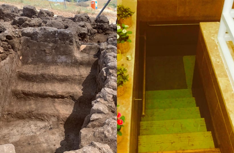 The ancient Second Temple era mikveh is excavated in the Lower Galilee (L). It was moved to Kibbutz Hannaton and is now the modern mikveh Shmaya (R). (photo credit: Courtesy)