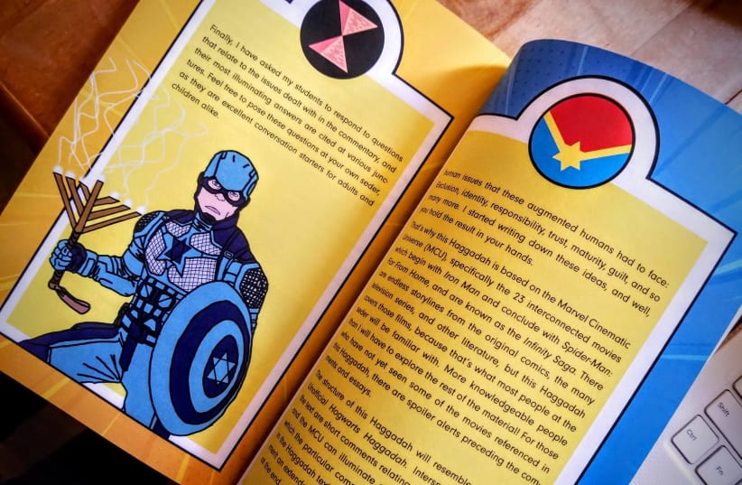 A JEWISH, copyright-friendly pastiche of Marvel’s Captain America is seen wielding a menorah and a Star of David-adorned shield (photo credit: SUPERHERO HAGGADAH)