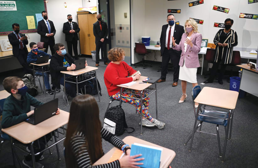 US FIRST LADY Jill Biden speaks to students at Fort LeBoeuf Middle School, on a visit with Education Secretary Miguel Cardona in Waterford, Pennsylvania earlier this month. The novel explores middle-school social media-inflicted problems. (photo credit: MANDEL NGAN/REUTERS)