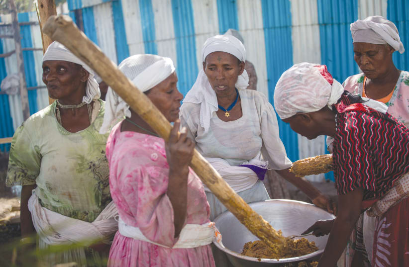 MEMBERS OF the Falash Mura Jewish Ethiopian community prepare food for the Passover Seder at the synagogue in Gonder, in 2016. (photo credit: MIRIAM ALSTER/FLASH90)