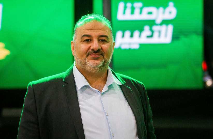 Ra'am party leader Mansour Abbas at the party headquarters in Tamra, on election night, March 23, 2021.  (photo credit: FLASH90)
