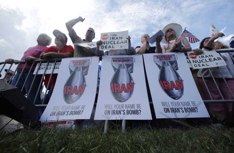 RALLYING AGAINST the Iran nuclear deal on Capitol Hill in Washington, 2015. (photo credit: JONATHAN ERNST / REUTERS)