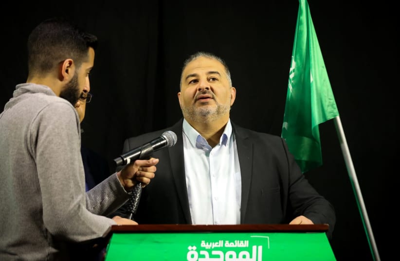 Ra'am party leader Mansour Abbas speaks during a press conference in Nazareth, April 1, 2021.  (photo credit: DAVID COHEN/FLASH 90)