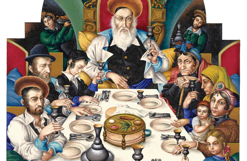 THE ARTHUR SZYK (1894-1951) Haggadah opens with ‘The Family at the Seder’ (1935) Lodz, Poland. (photo credit: Wikimedia Commons)