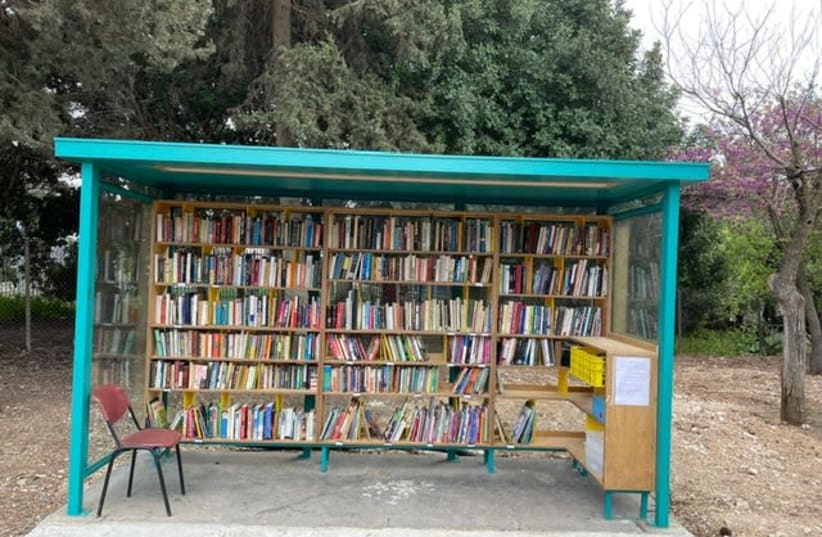 The trilingual street library in the Abu Tor neighborhood of Jerusalem is nearly complete.  (photo credit: LAURI DONAHUE)