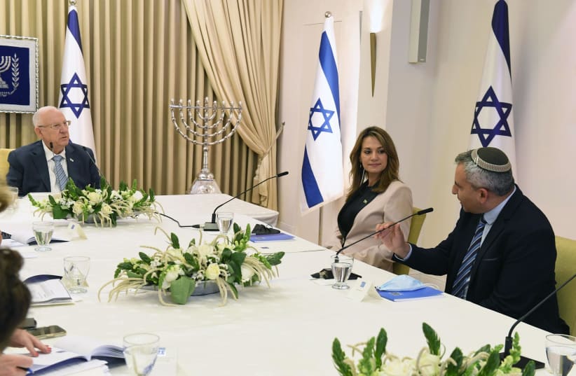 The New Hope party’s faction came to the consultations with President Reuven Rivlin, Monday 5 April 2021 and decided not to recommend a candidate to be entrusted with forming a government.  (photo credit: MARK NEYMAN/GPO)