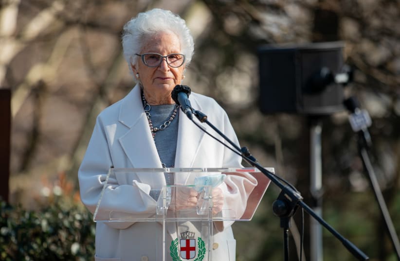 Liliana Segre speaks at a ceremony in Milan, Italy, honoring the rescuers of Jews during the Holocaust (photo credit: ALESSANDRO BREMEC/NURPHOTO VIA GETTY IMAGES)