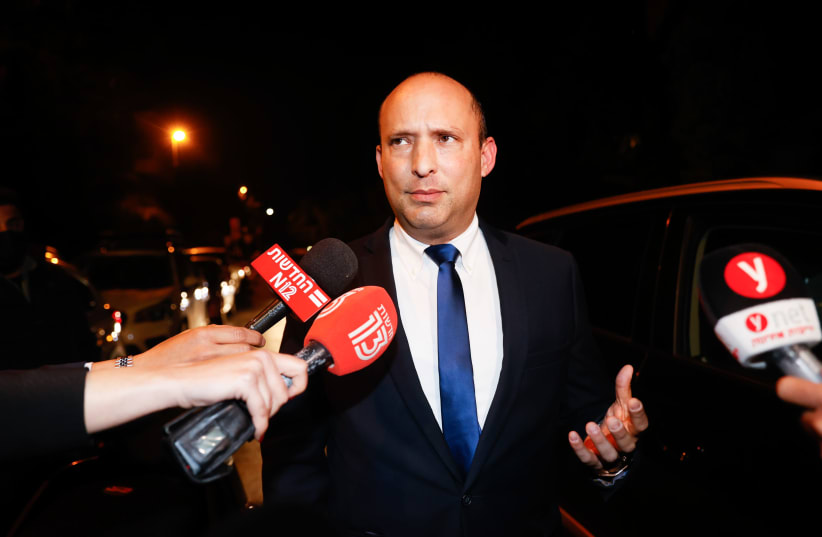 Yamina Party head Naftali Bennett gives a press statement after meeting with Prime Minister Benjamin Netanyahu at his official residence in Jerusalem, April 08, 2021 (photo credit: YONATAN SINDEL/FLASH90)