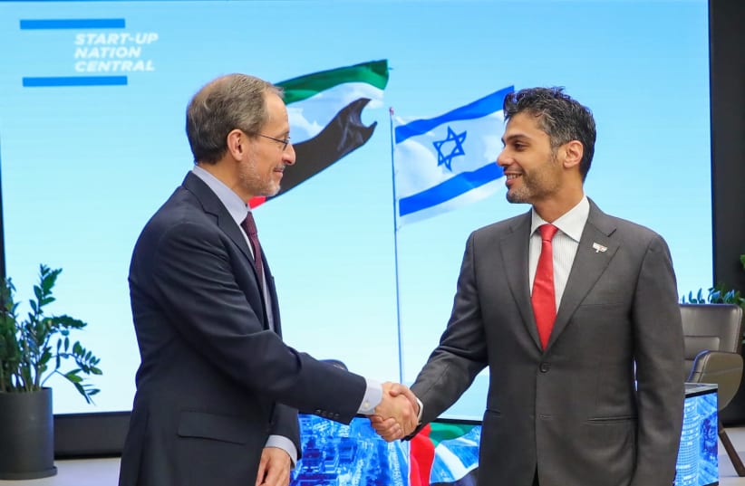 UAE Ambassador to Israel Mohamed al Khaja pictured next to CEO of Start-Up Nation Central Prof. Eugene Kandel. (photo credit: EYAL MARILIUS)