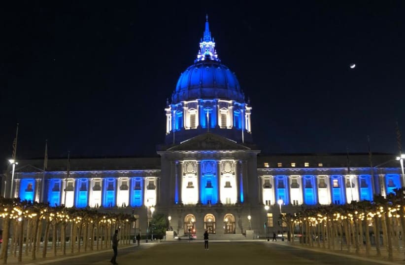 San Francisco, USA city hall illuminated in blue and white for Israel's 73rd Independence Day April 15, 2021. (photo credit: FOREIGN MINISTRY)
