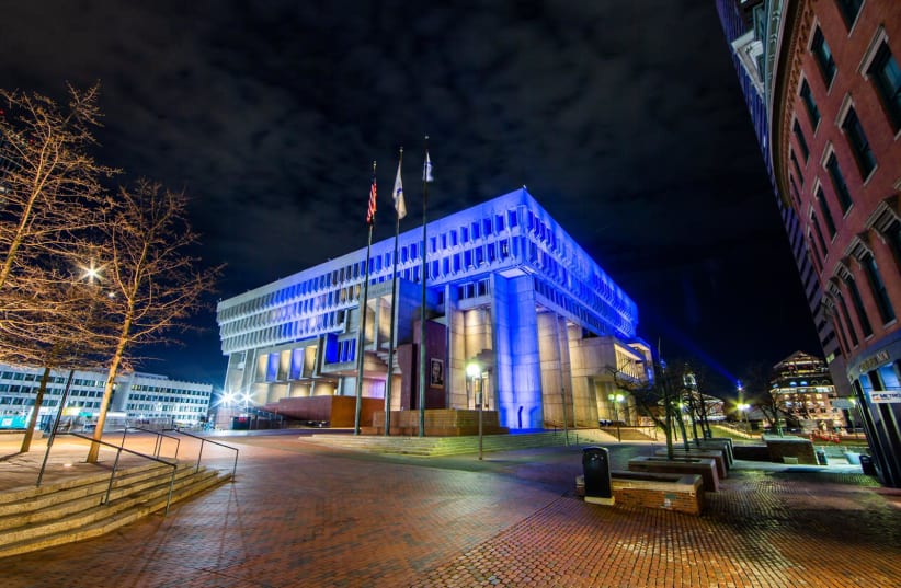 The Boston City Hall lights up in blue and white for Israel's 73rd Independence Day, April 15, 2021.  (photo credit: FOREIGN MINISTRY)