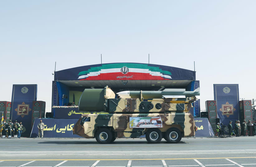 Missiles are displayed during Iran’s National Army Day parade in Tehran in September 2019. (photo credit: WANA NEWS AGENCY/REUTERS)