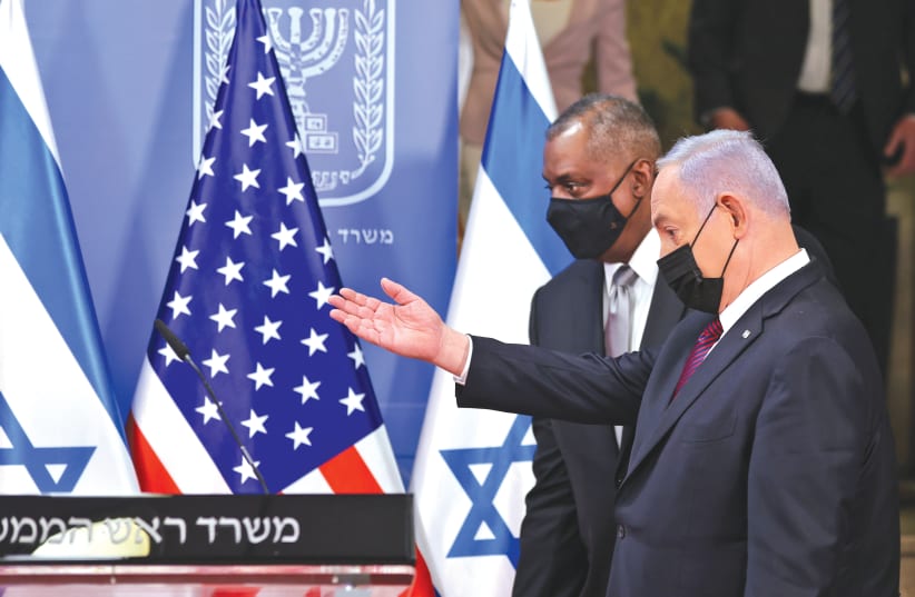 US DEFENSE SECRETARY Lloyd Austin and Prime Minister Benjamin Netanyahu arrive to give a statement after their meeting in Jerusalem on Monday. (photo credit: MENAHEM KAHANA / REUTERS)