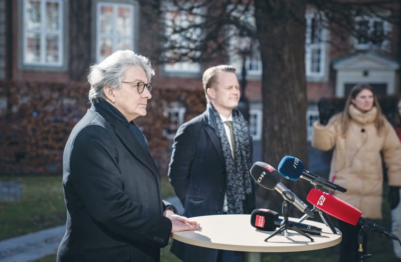 THIERRY BRETON (left), head of the EU Commission’s special vaccine task force, and Danish Foreign Minister Jeppe Kofod attend a news conference in Copenhagen last month (photo credit: RITZAU SCANPIX/VIA REUTERS)