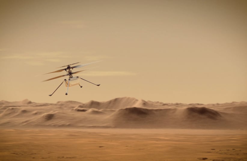 ngenuity Mars Helicopter flies over Mars in an undated illustration provided by Jet Propulsion Laboratory in Pasadena, California. NASA/JPL-Caltech/Handout (photo credit: NASA/JPL-CALTECH/HANDOUT VIA REUTERS)