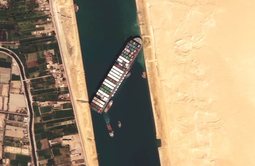 THE ‘EVER GIVEN’ container ship is seen in the Suez Canal in this satellite image taken by Satellogic’s NewSat-16 last month. (photo credit: SATELLOGIC/REUTERS)
