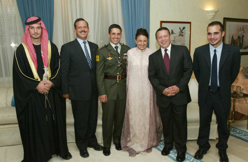 Jordan’s King Abdullah (second right) poses with his brothers (left to right) Prince Hashem, Prince Faisel, Crown Prince Hamzah and Prince Ali (R) during a family photo after the marriage of Crown Prince Hamza to his bride Princess Noor at the Royal Palace in Amman on August 30, 2003 (photo credit: YOUSEF ALLAN AJ/WS/REUTERS)