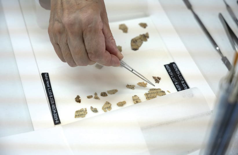 Fragments of the ancient texts found in the Cave of Horror  (photo credit: SHAI HALEVI / ISRAEL ANTIQUITIES AUTHORITY)