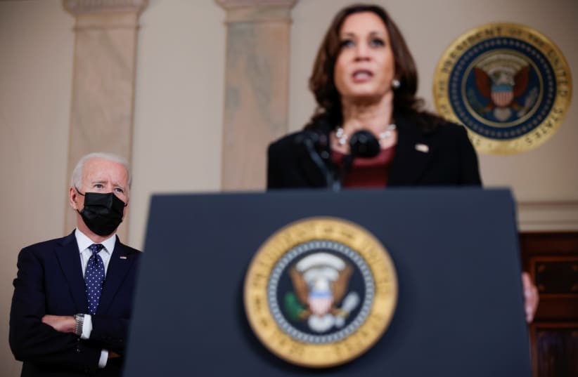 U.S. President Biden and Vice President Harris speak after guilty verdicts reached in trial of former Minneapolis police officer Chauvin at the White House in Washington (photo credit: REUTERS)
